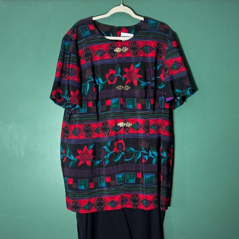 Vintage Kari's Korner 80s Plus Size Mod Geometric Floral Dress 18 Red Multi - Picture 1 of 6